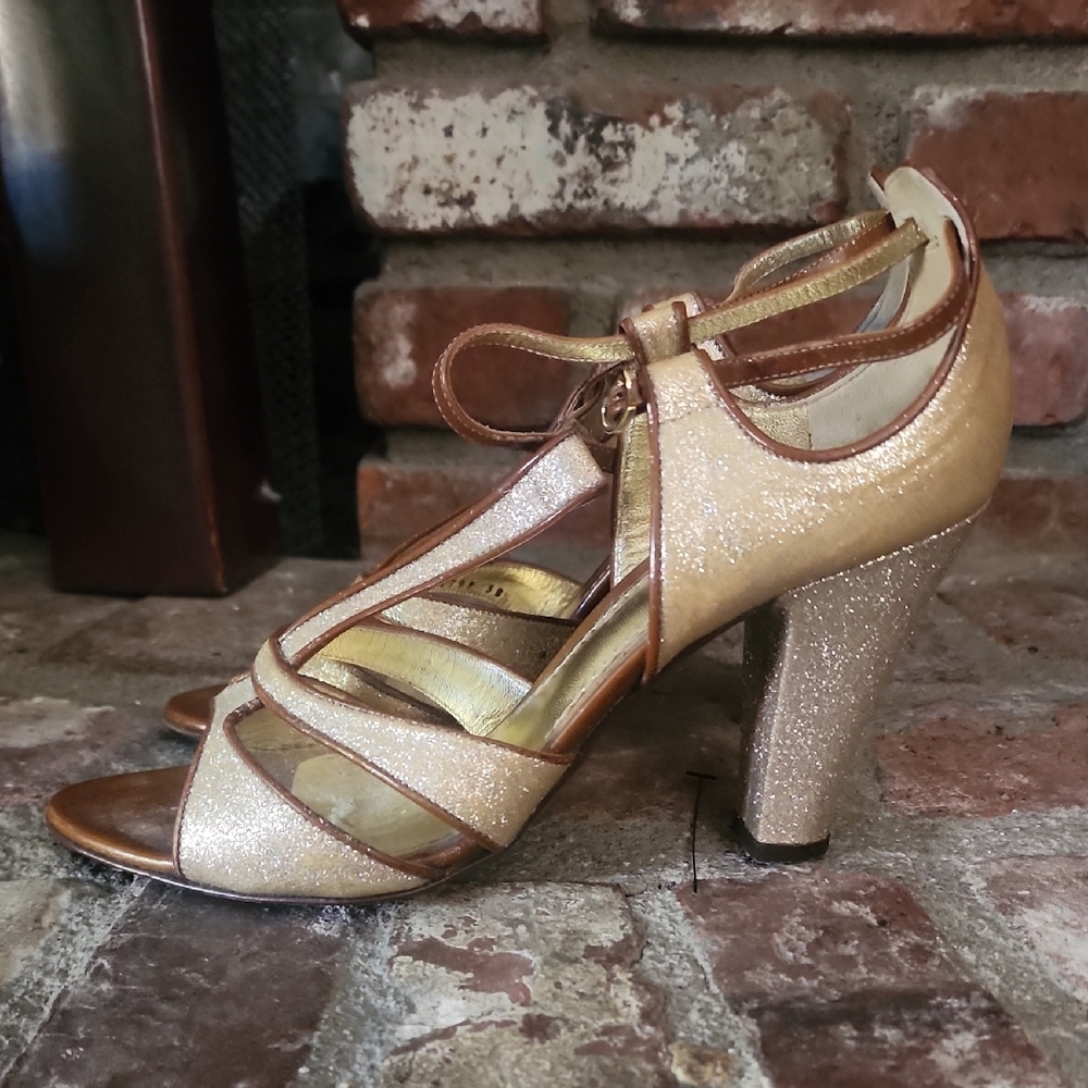 Dolce & Gabbana Gold Glitter T-Strap Heels Made in Italy